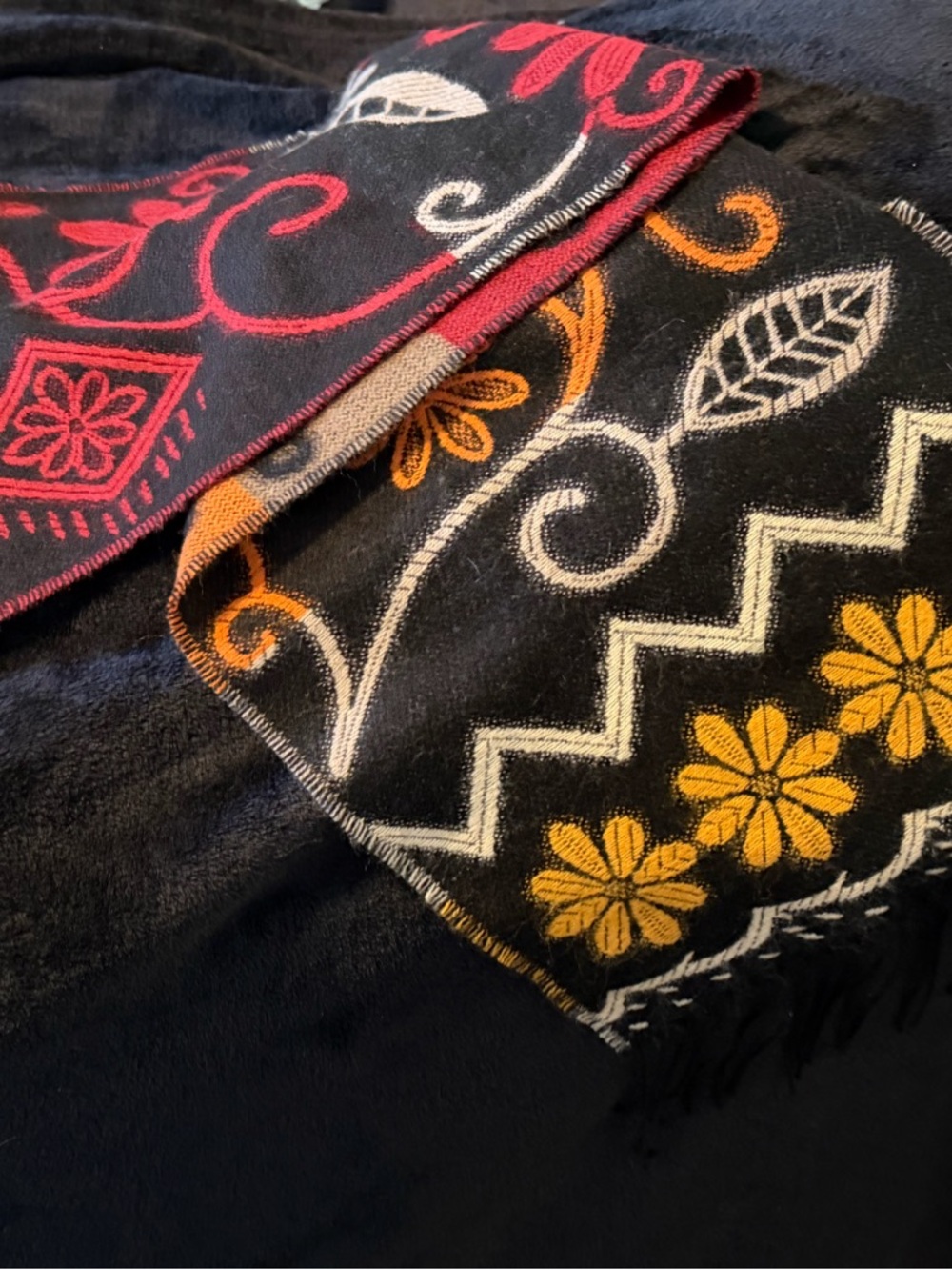 V. FRAAS Black Scarf with Yellow Floral Motif and Multicolor Logo